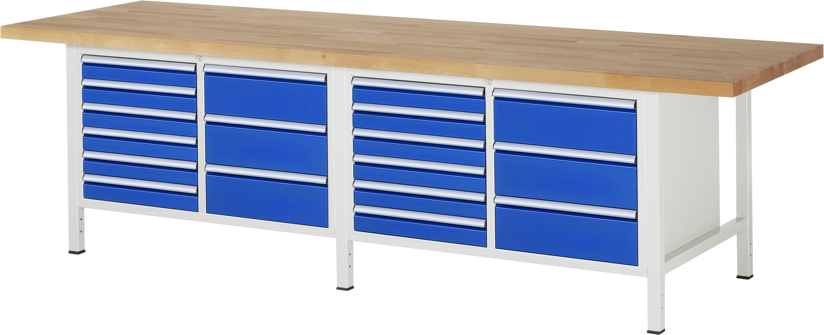 Werkbank B 3000 x T 900 x H 840 mm mit 18 Schubladen