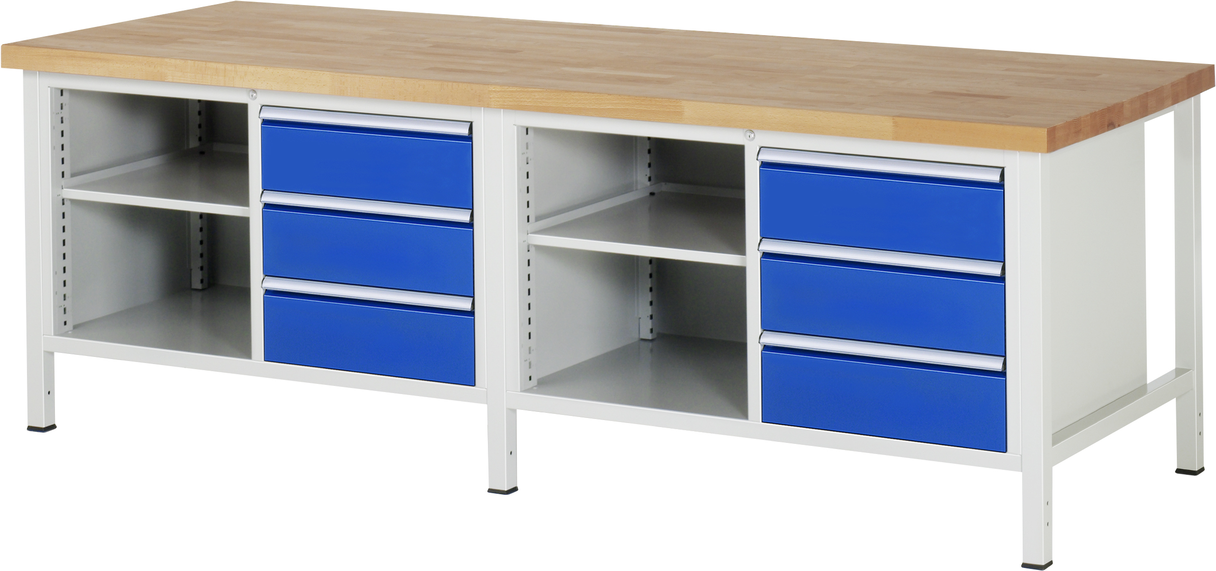 Werkbank B 2500 x T 900 x H 840 mm mit 6 Schubladen und 2 Fachböden Werkbank B 2500 x T 900 x H 840 mm mit 6 Schubladen und 2 Fachböden
