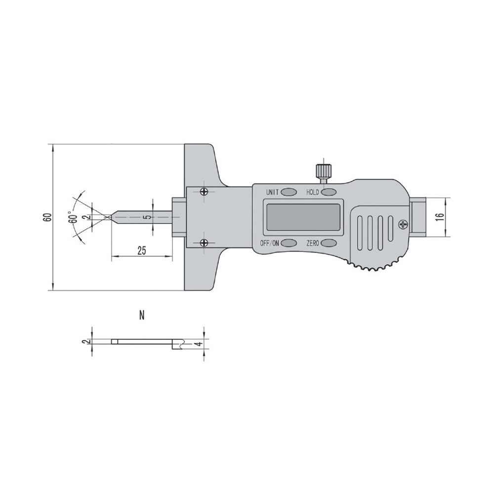 Zeichnung Digital-Tiefen-Messschieber 25 x 60 mm mit Flachspitze 25 x 5 x 2 mm