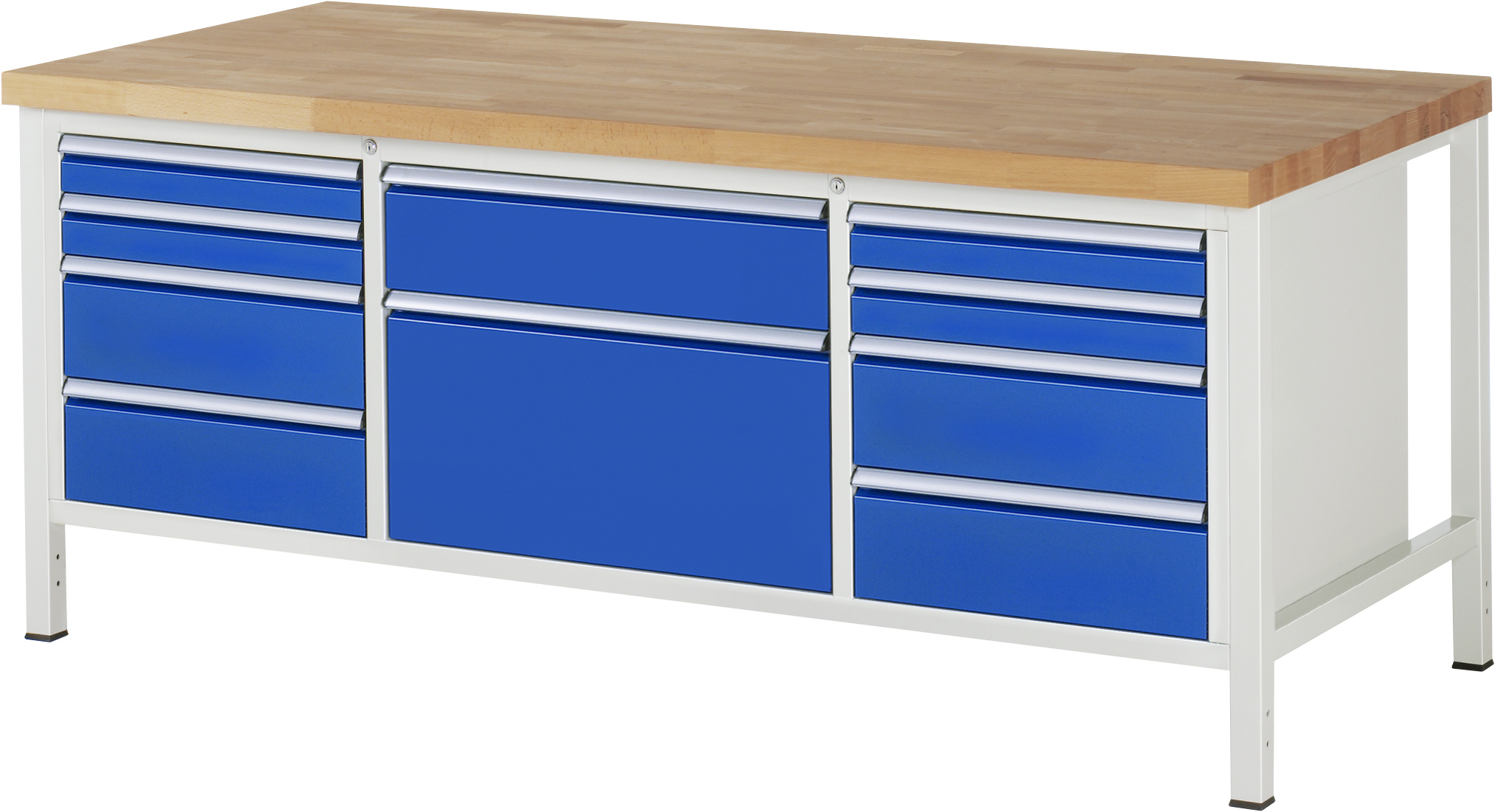 Werkbank B 2000 x T 900 x H 840 mm mit 10 Schubladen