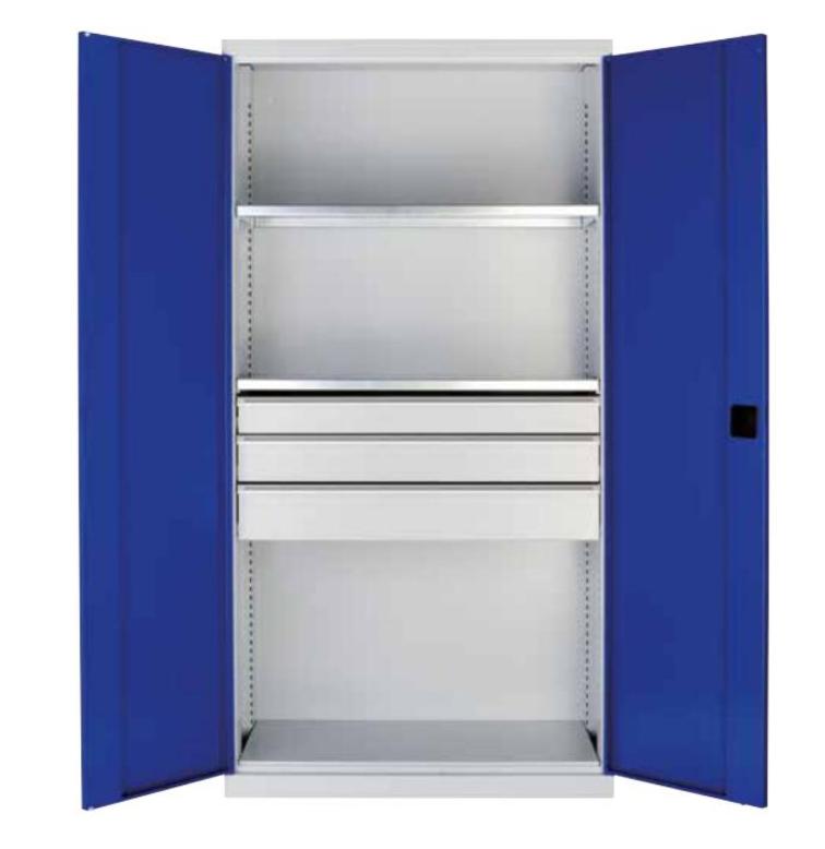 Schwerlastschrank mit 2 Fachböden und 3 Schubladen H 1950 x B 1000 x T 540 mm 7035/5010 Schwerlastschrank mit 2 Fachböden und 3 Schubladen H 1950 x B 1000 x T 540 mm 7035/5010