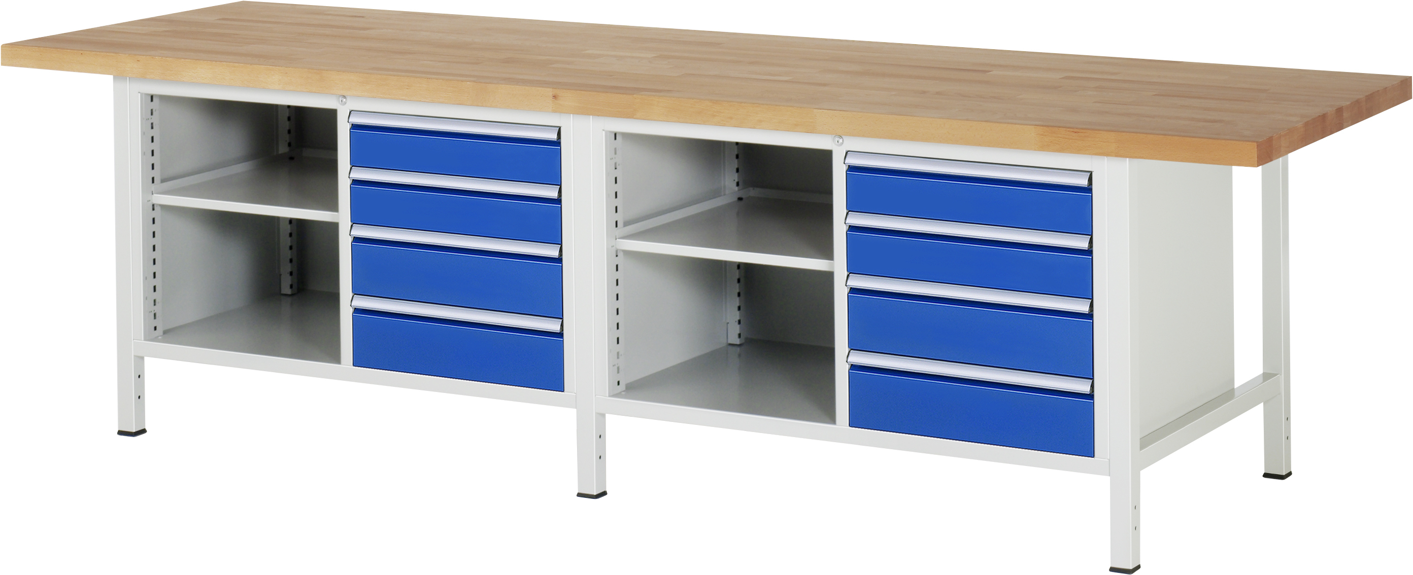 RAU Werkbank B 3000 x T 900 x H 840 mm mit 8 Schubladen und 2 Fachböden