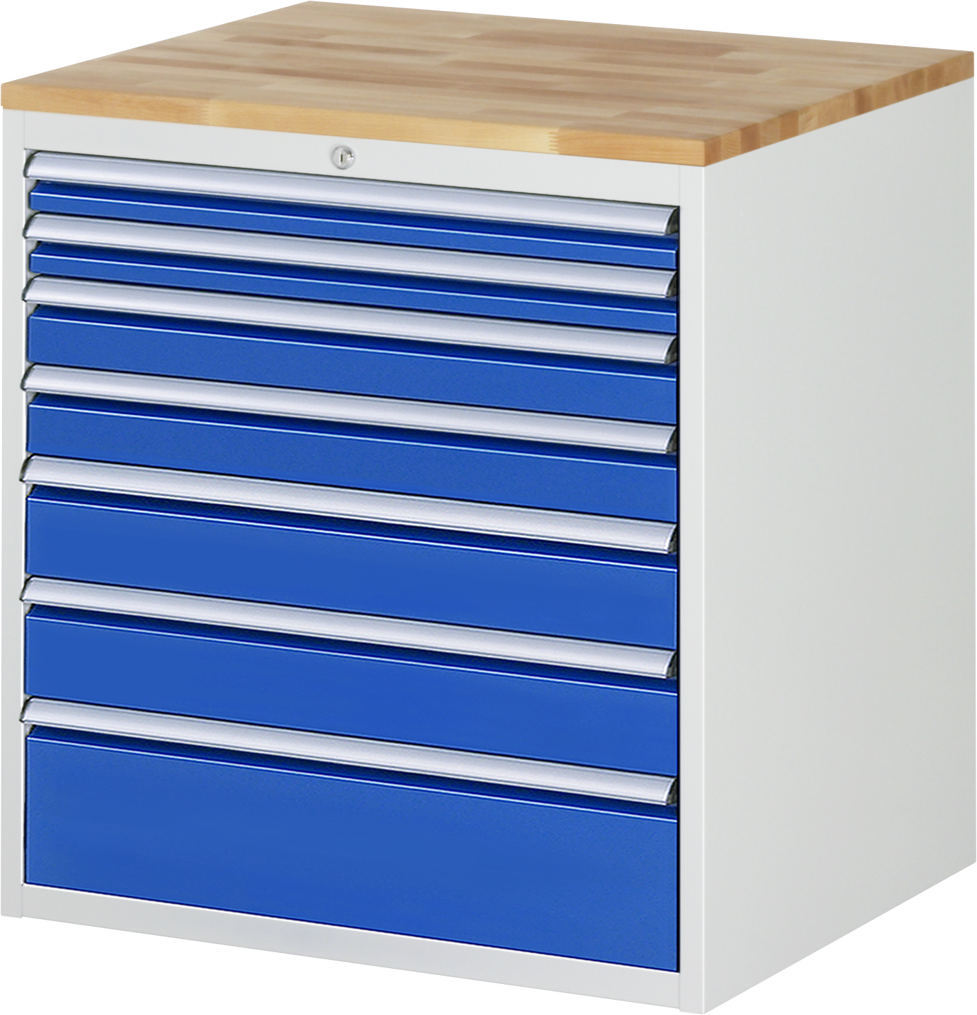 Schubladenschrank mit 7 Schubladen Größe XL und Buche-Top B 770 x T 650 x H 825 mm Schubladenschrank mit 7 Schubladen Größe XL und Buche-Top B 770 x T 650 x H 825 mm